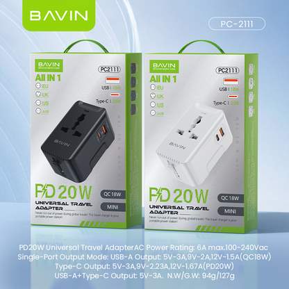 BAVIN PC2111 Universal Travel Adapter 20W Fast Charger USB-A + Type-C + QC | Multi-Port Plug w/LED Light