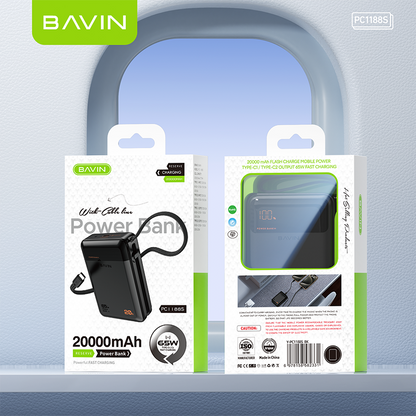 BAVIN Y-PC1188 20000mAh 65W PD Fast Charging Powerbank w/ Built-in Type-C Cable | LED Display Laptop & Mobile Compatible