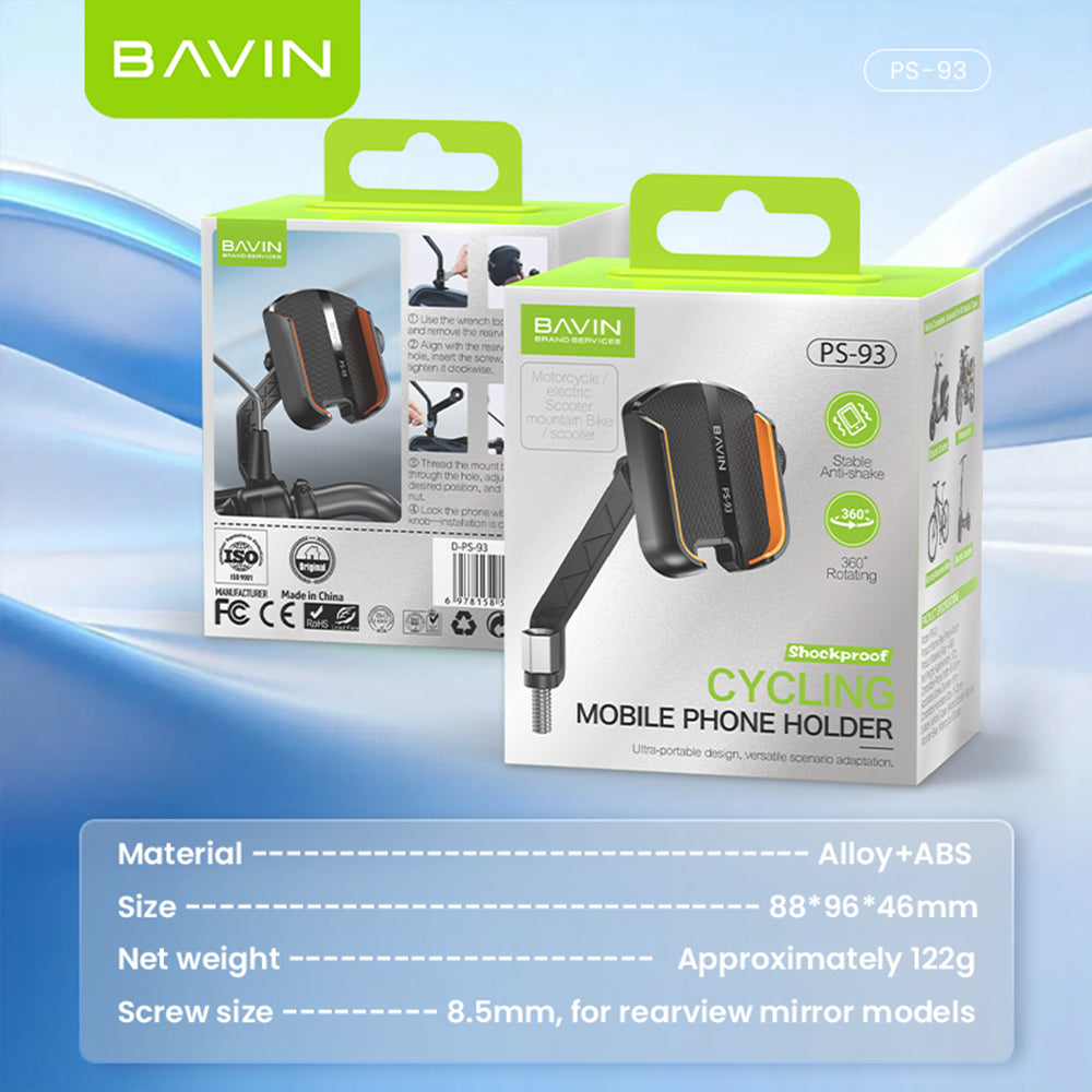BAVIN PS93 Universal 360° Adjustable Shockproof Rearview Mirror Phone Holder Anti-Slip Mount for Motorcycle & Bike