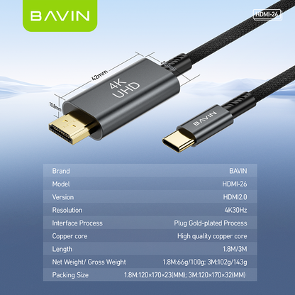 BAVIN U-HD-26-XX 4K USB-C to HDMI High-Speed Adapter Cable Plug & Play Converter
