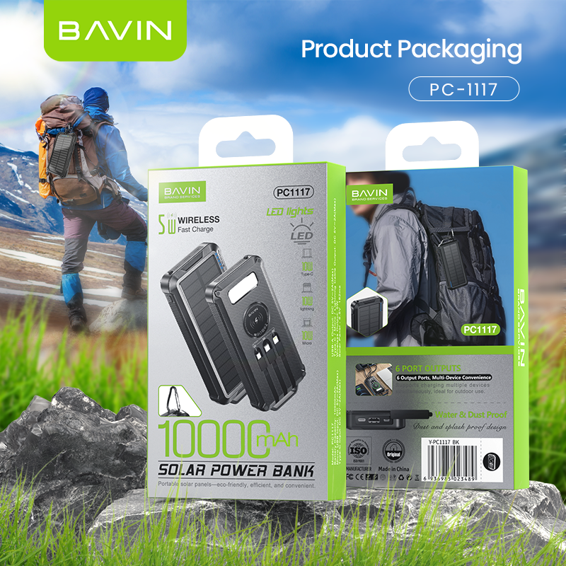 BAVIN PC1117 10000mAh Wireless Solar Powerbank w/ 6 Output Ports and Strong LED Light