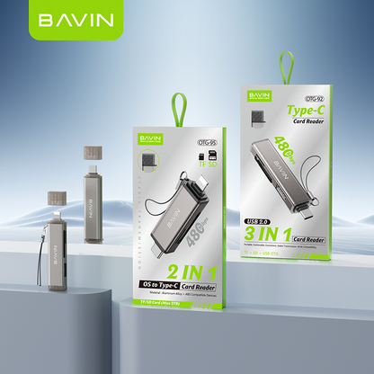 BAVIN O92 3-in-1 USB2.0 Portable Card Reader TF + SD + USB OTG w/480Mbps For Laptop, Smartphone, Tablet & OTG Supported
