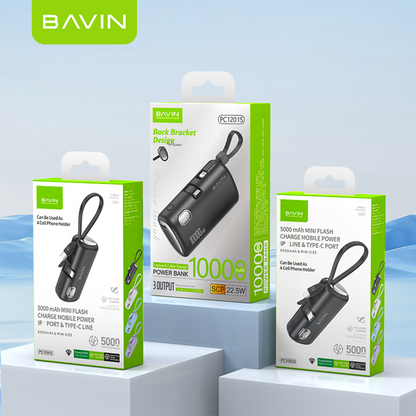 BAVIN PC1091S 5000mAh / PC1201S 10000mAh Mini Fast Charging Powerbank 22.5W USB-C Input/Output, Built-in Cable & Stand