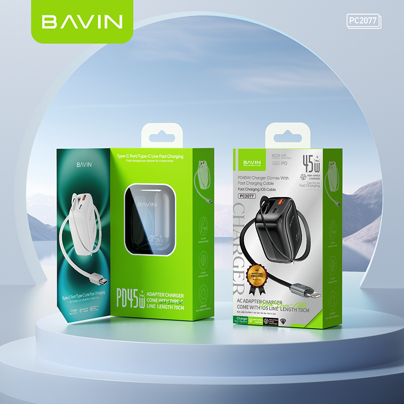 BAVIN PC2077 PD 45W QC3.0 Portable Fast Charging Adapter Charger w/ 70cm Retractable Cable + Foldable AC Plug