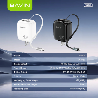 BAVIN PC2020 40W PD Fast Charging AC Adapter Built in Retractable iPhone Cable for iPhone 17/Android /Laptop