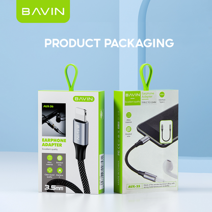 BAVIN AUX35 / AUX36 Earphone Adapter iPhone to 3.5mm & Type-C to 3.5mm | Fast Audio, Music & Calls (Bluetooth Required)