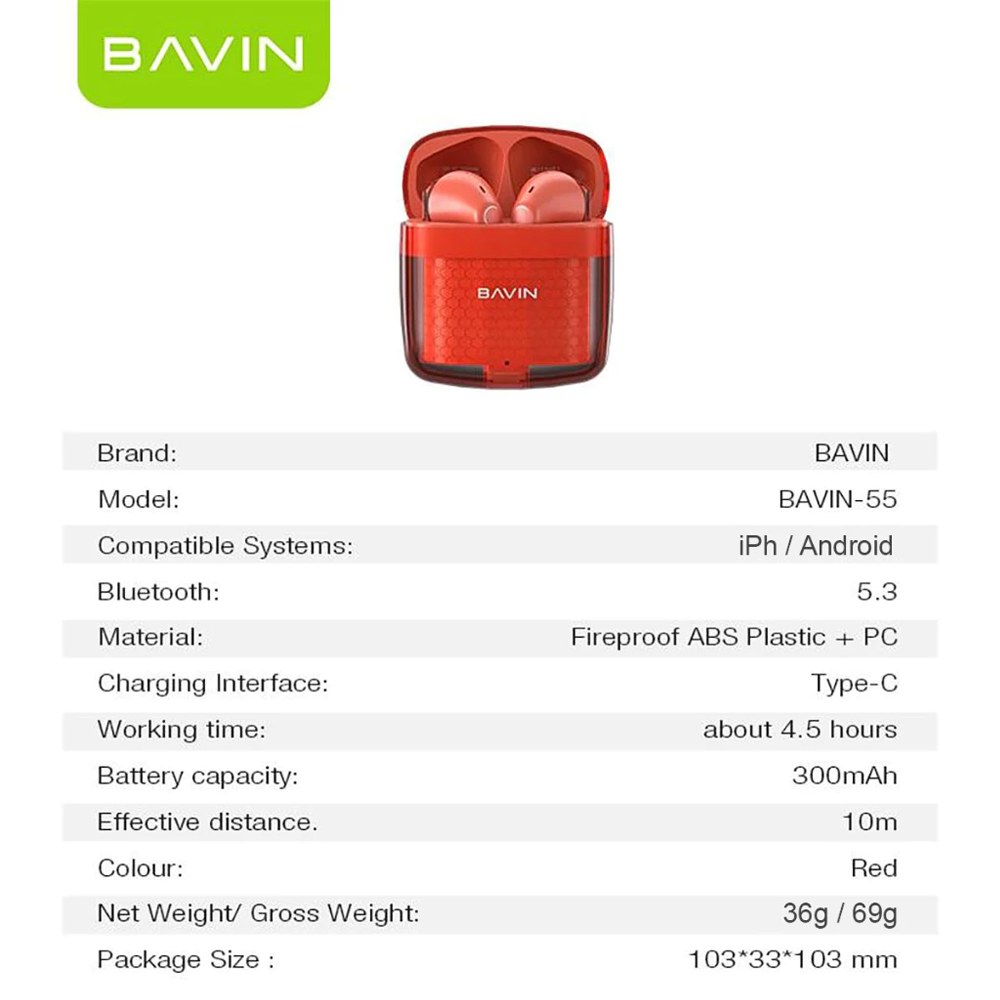 BAVIN HB-BA55 TWS Wireless Bluetooth Earbuds w/ Touch Control & Long Battery Life