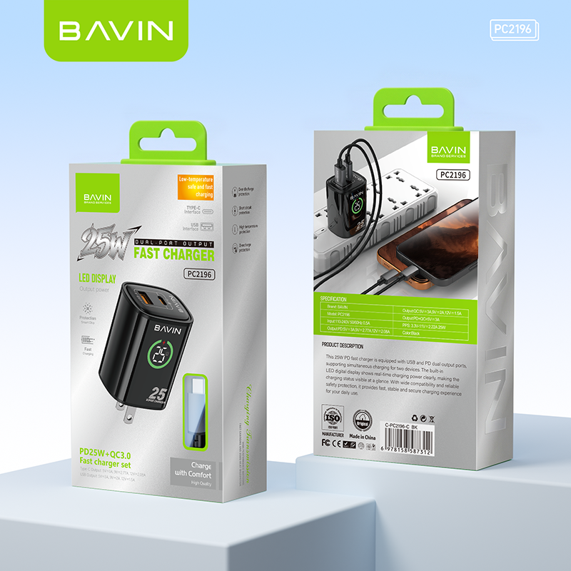 BAVIN PC2196 PD 25W+QC 3.0 Fast Charging Wall Charger Dual Ports w/ LED Display+ iPhone/Type-C Cable