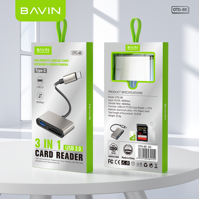 BAVIN O88 OTG 3in1 Card Reader Adapter for USB/TF/SD Card w/480Mbps Data Transfer for Laptop, Phones