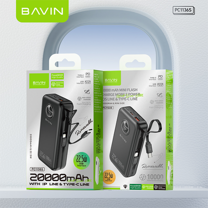 BAVIN PC1122 10000mAh / PC1136 20000mAh Fast Charging Powerbank 22.5W USB w/ Retractable Cable