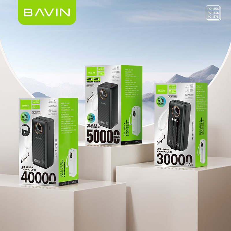 BAVIN Y-PC1155 30000mAh / Y-PC1157 50000mAh 22.5W Fast Charging Powerbank w/ Dual Cables & LED Battery