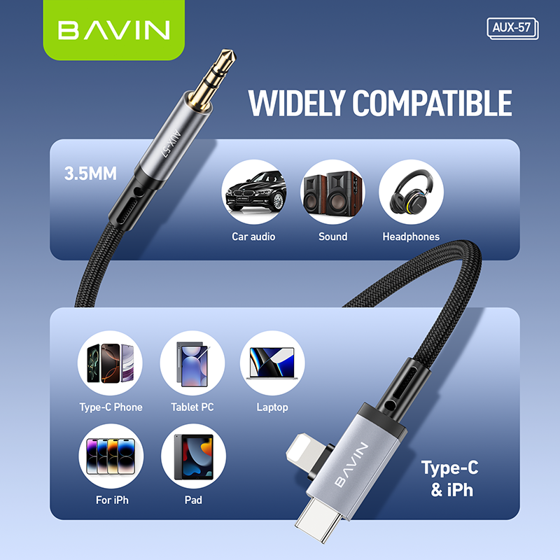 BAVIN H-AUX57 2 in 1 Hi-Fi Aux Cable 1 Meter for Type-C & iPhone to 3.5mm