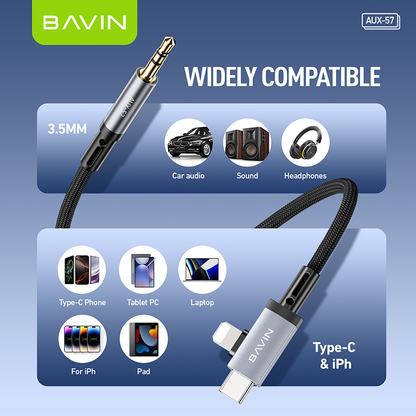BAVIN H-AUX57 2 in 1 Hi-Fi Aux Cable 1 Meter for Type-C & iPhone to 3.5mm