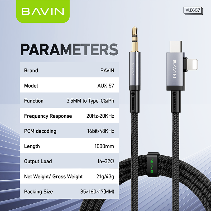 BAVIN H-AUX57 2 in 1 Hi-Fi Aux Cable 1 Meter for Type-C & iPhone to 3.5mm