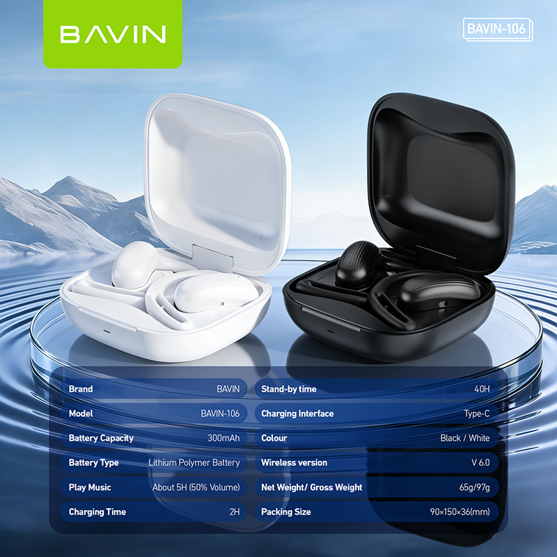 BAVIN BA106 Hi-Fi Open-Ear Wireless Bluetooth 6.0 Earbuds w/ Type-C Fast Charging for Smartphones