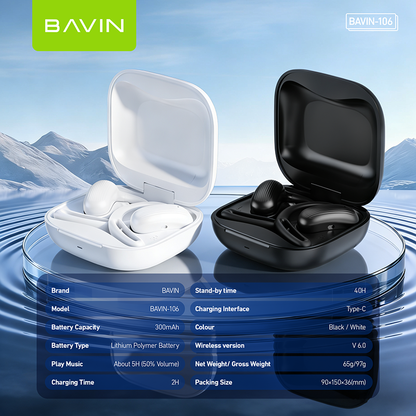 BAVIN BA106 Hi-Fi Open-Ear Wireless Bluetooth 6.0 Earbuds w/ Type-C Fast Charging for Smartphones