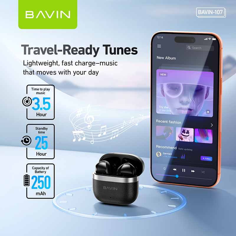 【Christmas Gift】BAVIN BA107 Mini Wireless Bluetooth 5.4 Earphones Hi-Fi In-Ear Wear Leather-Style