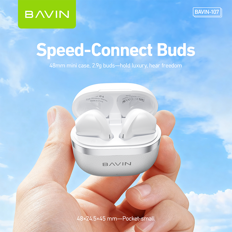 【Christmas Gift】BAVIN BA107 Mini Wireless Bluetooth 5.4 Earphones Hi-Fi In-Ear Wear Leather-Style