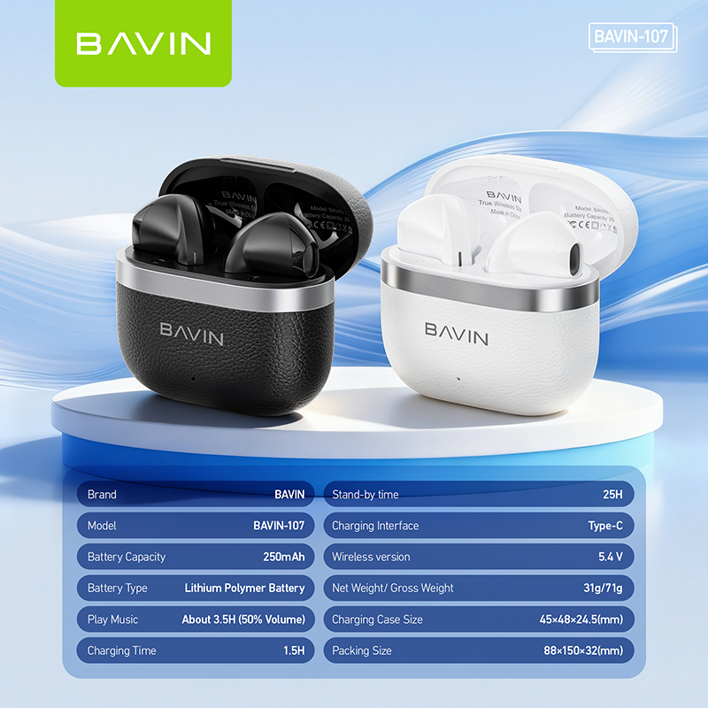 【Christmas Gift】BAVIN BA107 Mini Wireless Bluetooth 5.4 Earphones Hi-Fi In-Ear Wear Leather-Style