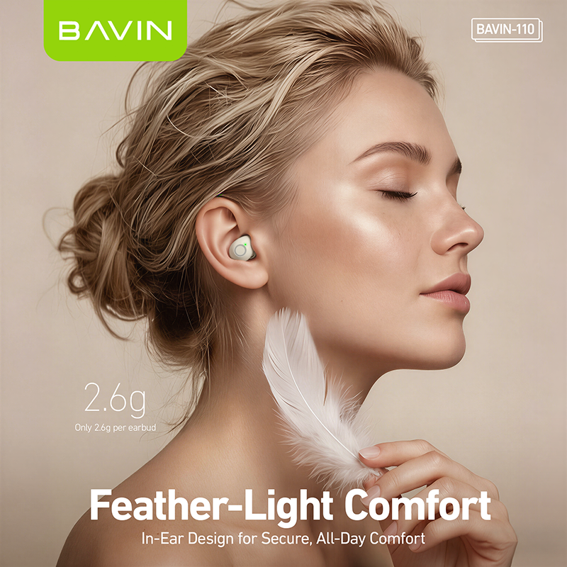 BAVIN BA110 2-in-1 TWS Hi-Res Audio Wireless Bluetooth Semi-in-ear + In-ear Earbuds | Smart LED Display