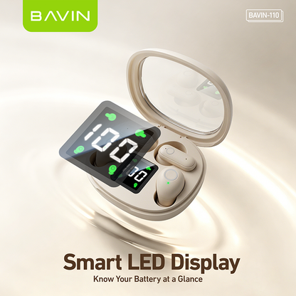 BAVIN BA110 2-in-1 TWS Hi-Res Audio Wireless Bluetooth Semi-in-ear + In-ear Earbuds | Smart LED Display