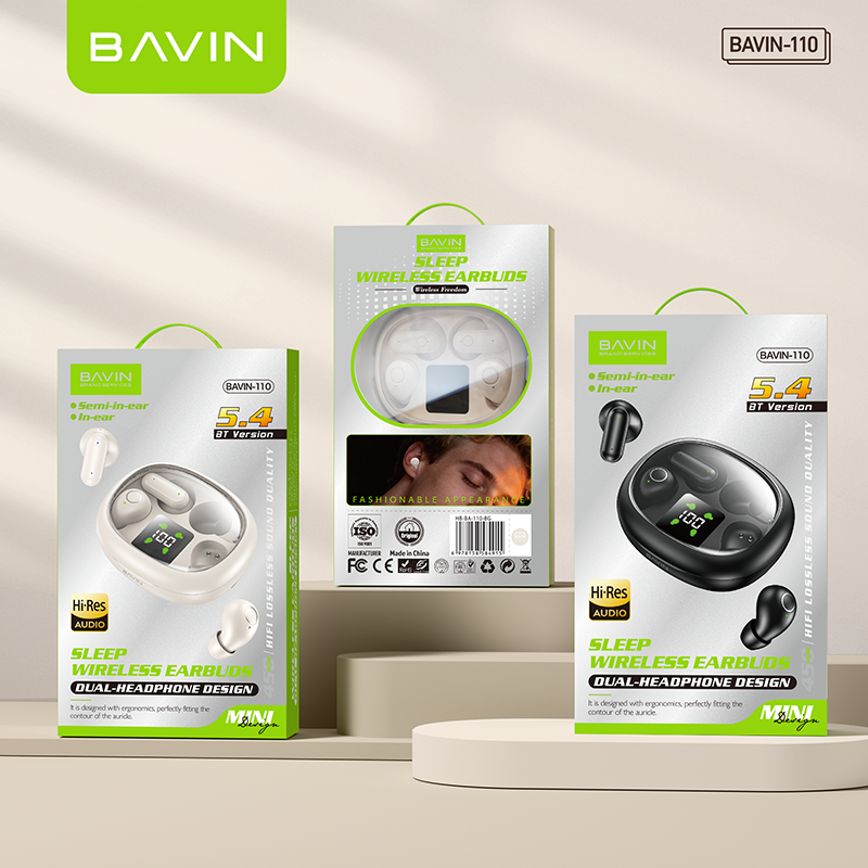 BAVIN BA110 2-in-1 TWS Hi-Res Audio Wireless Bluetooth Semi-in-ear + In-ear Earbuds | Smart LED Display