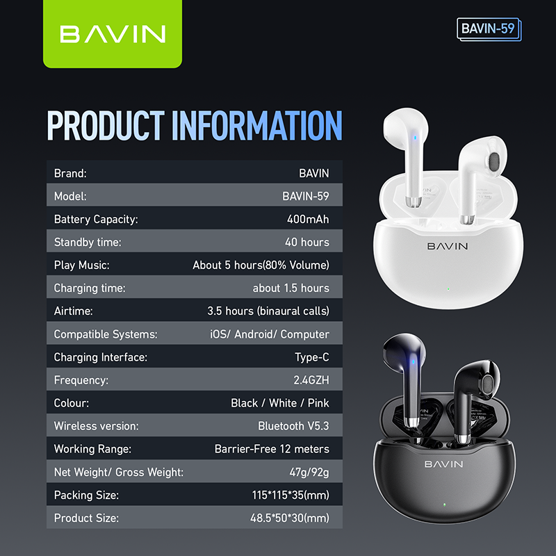 Bavin Long Life Earbuds BAVIN HB-BA-59 TWS Wireless Bluetooth