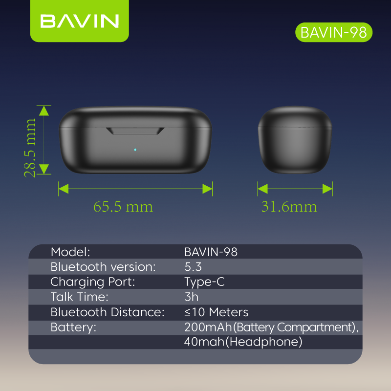 BAVIN HB-BA-98 HiFi Audio Bluetooth Wireless TWS Earbuds w/ Lightweight & Sweatproof