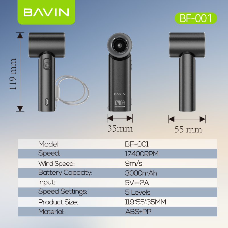 BAVIN BF-001 Portable Mini Turbo Jet Fan Rechargeable w/ Up to 5 Gears Powerful Wind Speeds