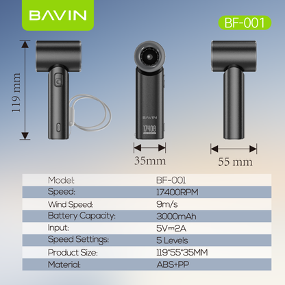 BAVIN BF-001 Portable Mini Turbo Jet Fan Rechargeable w/ Up to 5 Gears Powerful Wind Speeds