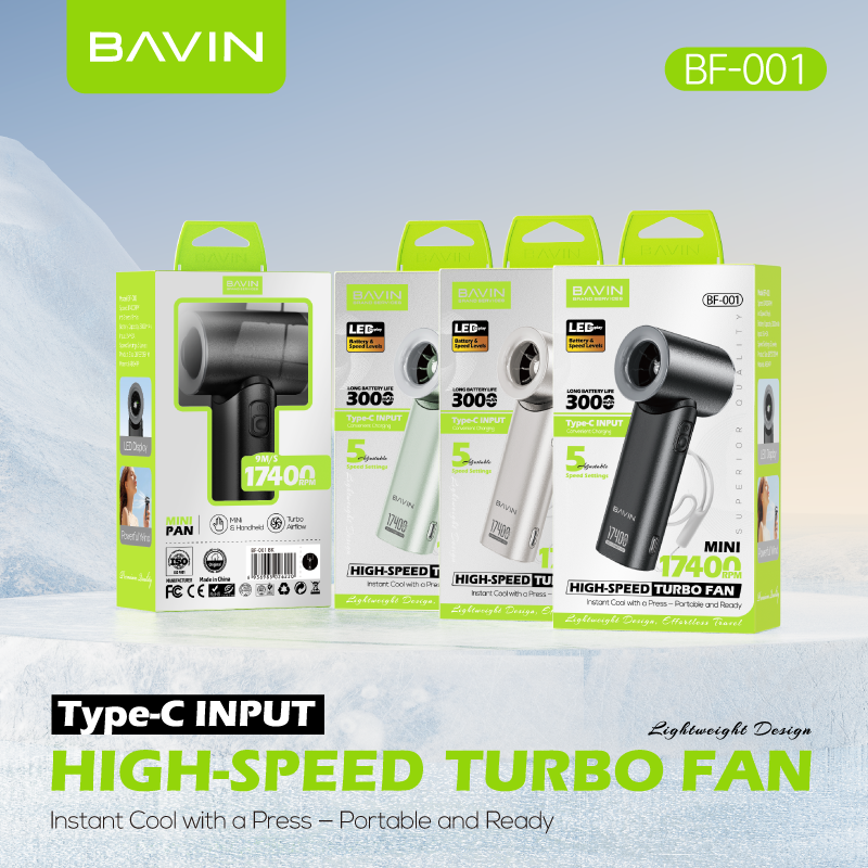 BAVIN BF-001 Portable Mini Turbo Jet Fan Rechargeable w/ Up to 5 Gears Powerful Wind Speeds