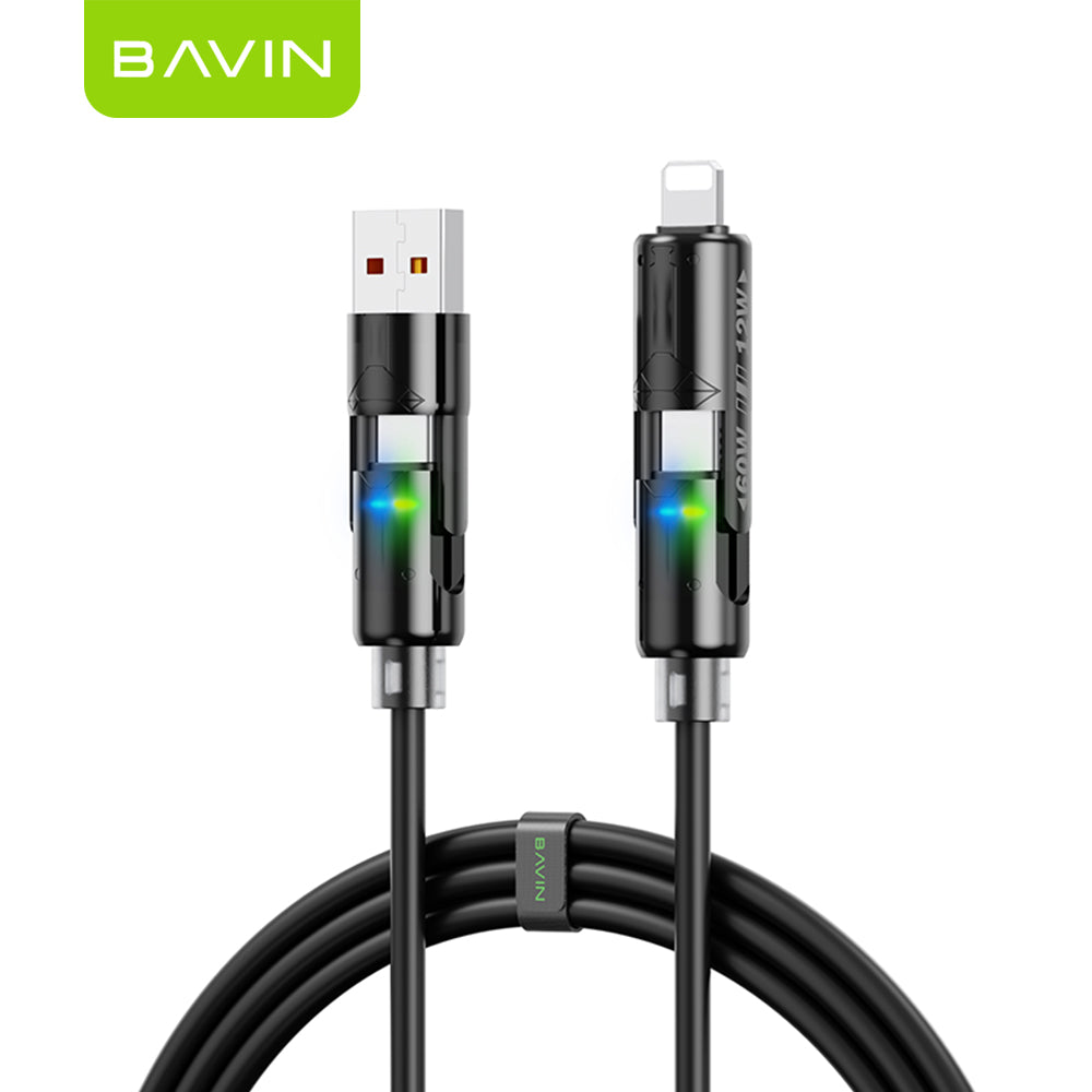 BAVIN U-CB394 60W 4-in-1 Silicone Fast Charging Cable w/ RGB Light Type-C & iPhone for Laptop, Tablet & Phones