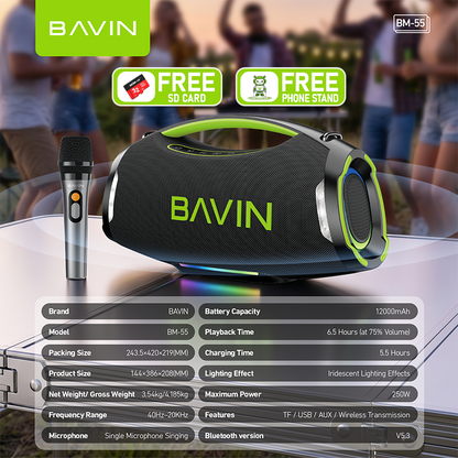 BAVIN BM57 450W Party Speaker 40000mAh Bluetooth 5.3 Speaker with 2 Wireless Microphones & LED Light