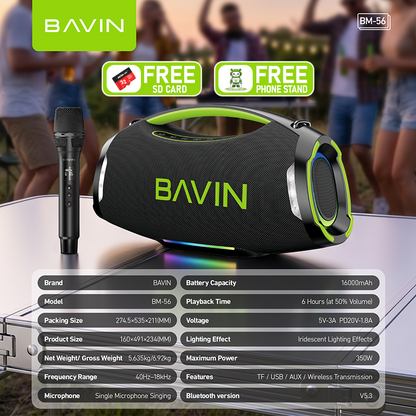 BAVIN BM57 450W Party Speaker 40000mAh Bluetooth 5.3 Speaker with 2 Wireless Microphones & LED Light