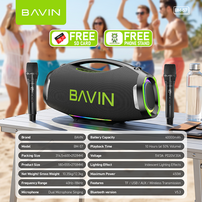 BAVIN BM57 450W Party Speaker 40000mAh Bluetooth 5.3 Speaker with 2 Wireless Microphones & LED Light