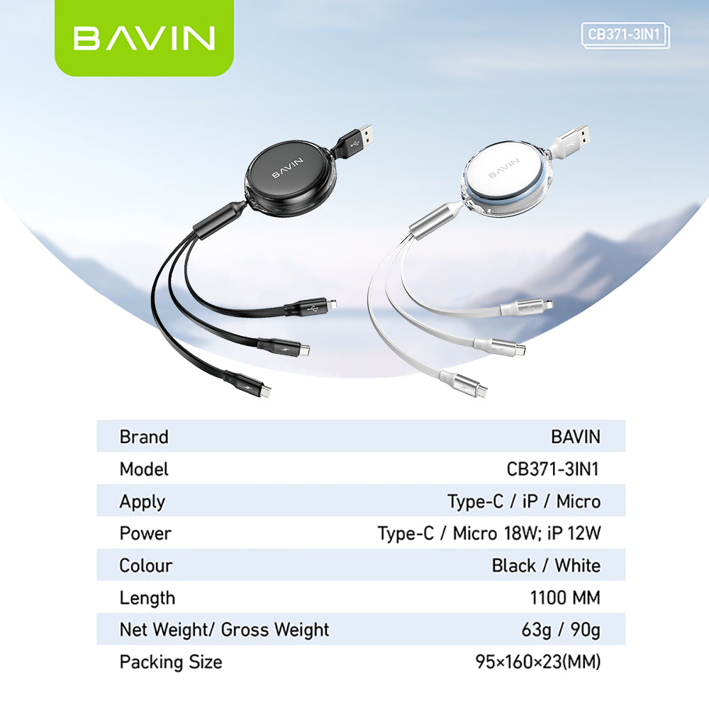 BAVIN U-CB371-3 3-in-1 Retractable Wired Charging Cable