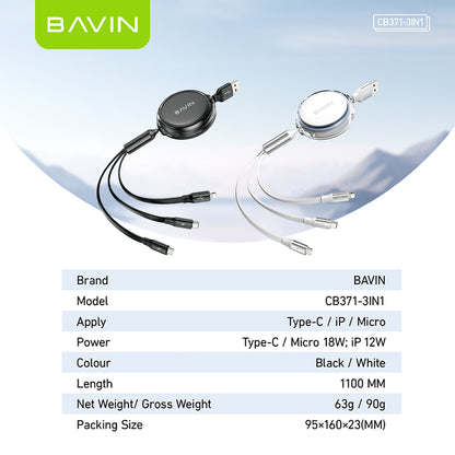 BAVIN U-CB371-3 3-in-1 Retractable Wired Charging Cable