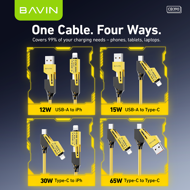 BAVIN U-CB390 4 IN 1 Fast Charging Cable PD 30W / 65W Type-C Multi-function for Supports Laptop Charging & Smartphones