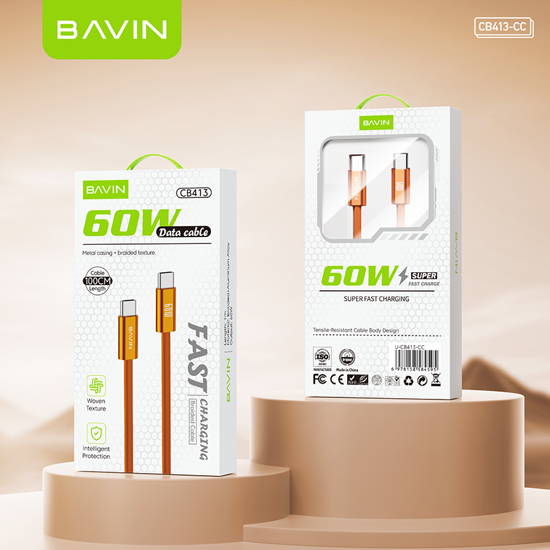 BAVIN CB413 PD 60W Type-C Fast Charging 1m Braided Cable w/ High-Speed Data Transfer for iPhone 15-17 & Android Devices