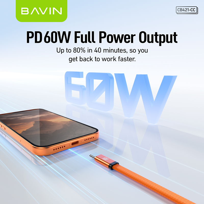 BAVIN CB421 1.2m 60W PD Fast Charging Data Cable Flat Braided Design for iPhone 15–17 Series / Android Devices / Tablets & Laptops