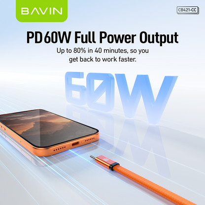 BAVIN CB421 1.2m 60W PD Fast Charging Data Cable Flat Braided Design for iPhone 15–17 Series / Android Devices / Tablets & Laptops