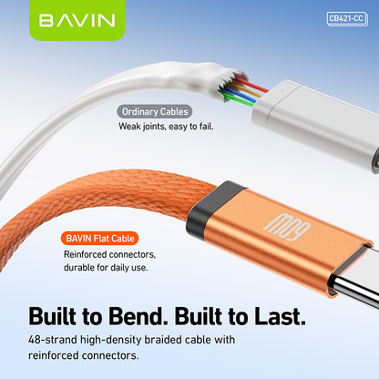 BAVIN CB421 1.2m 60W PD Fast Charging Data Cable Flat Braided Design for iPhone 15–17 Series / Android Devices / Tablets & Laptops