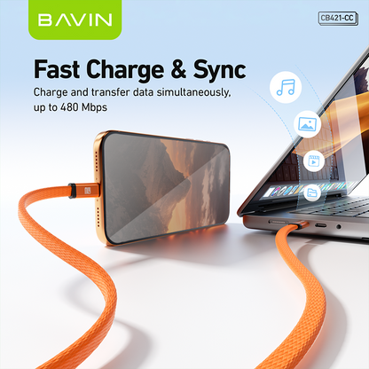 BAVIN CB421 1.2m 60W PD Fast Charging Data Cable Flat Braided Design for iPhone 15–17 Series / Android Devices / Tablets & Laptops