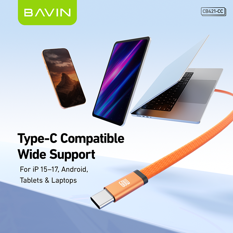 BAVIN CB421 1.2m 60W PD Fast Charging Data Cable Flat Braided Design for iPhone 15–17 Series / Android Devices / Tablets & Laptops