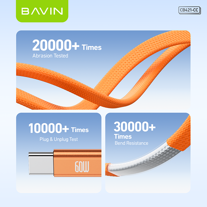BAVIN CB421 1.2m 60W PD Fast Charging Data Cable Flat Braided Design for iPhone 15–17 Series / Android Devices / Tablets & Laptops