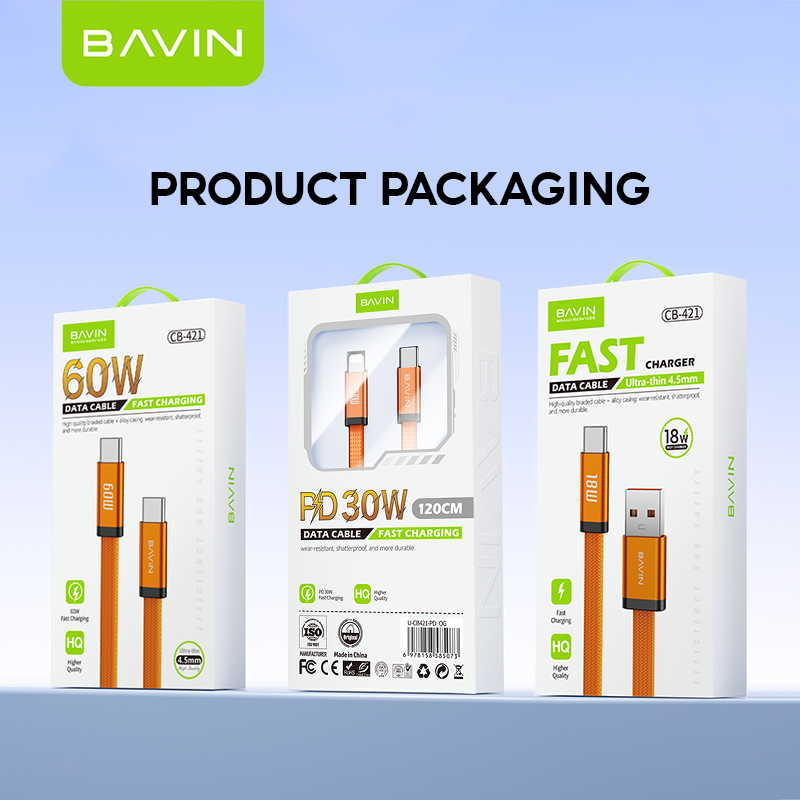 BAVIN CB421 1.2m 60W PD Fast Charging Data Cable Flat Braided Design for iPhone 15–17 Series / Android Devices / Tablets & Laptops