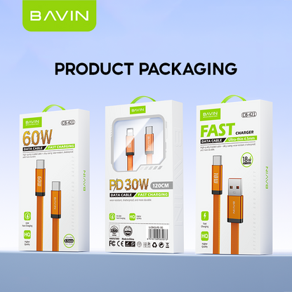 BAVIN CB421 1.2m 60W PD Fast Charging Data Cable Flat Braided Design for iPhone 15–17 Series / Android Devices / Tablets & Laptops