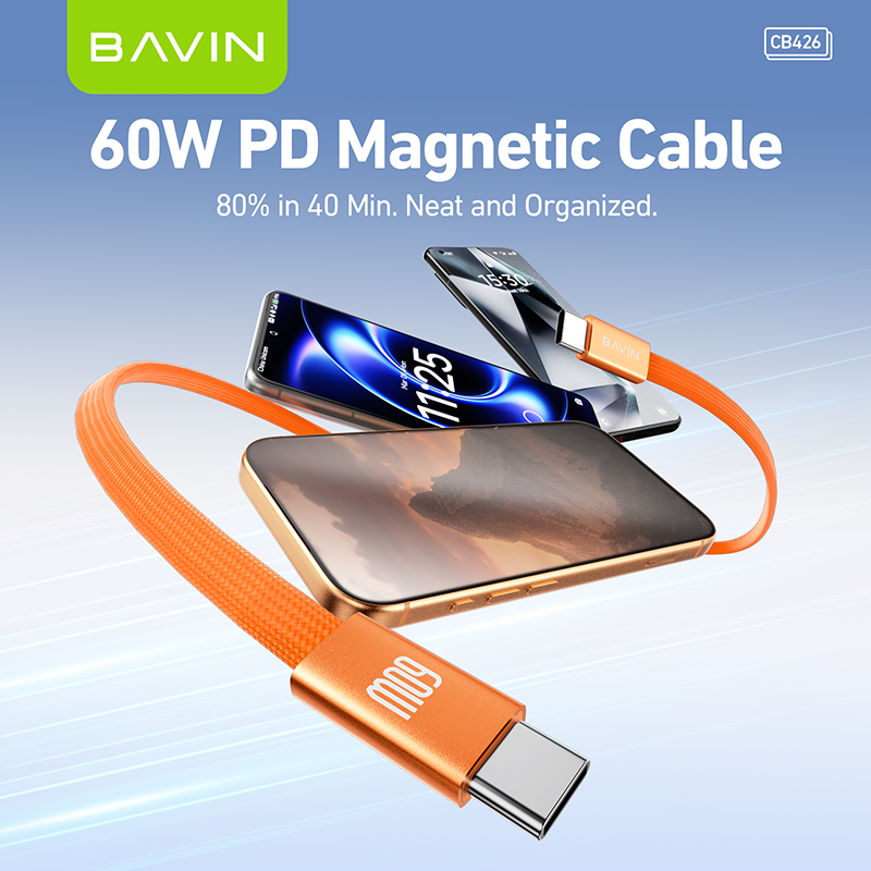 BAVIN CB426 1m 60W PD Magnetic Type-C Fast Charging Data Cable Flat Braided for Android, iPhone 17 Series