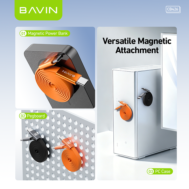 BAVIN CB426 1m 60W PD Magnetic Type-C Fast Charging Data Cable Flat Braided for Android, iPhone 17 Series