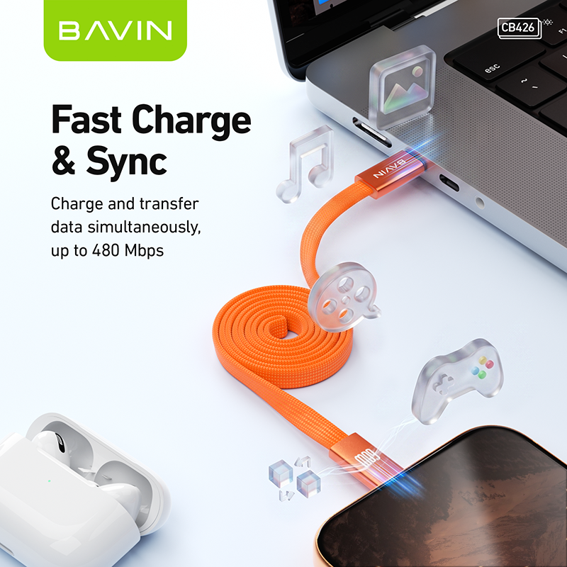 BAVIN CB426 1m 60W PD Magnetic Type-C Fast Charging Data Cable Flat Braided for Android, iPhone 17 Series
